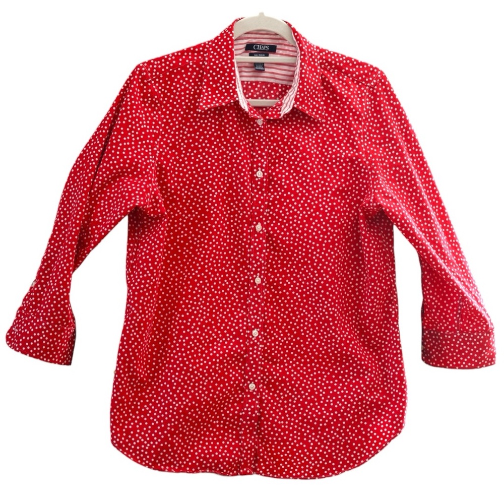 CHAPS women’s no iron Red & White Polka Dot button up Shirt - size large